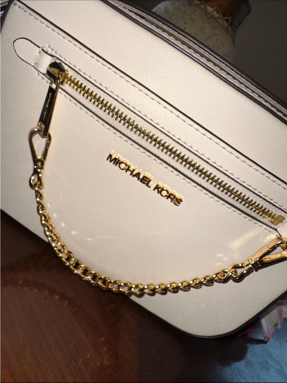 Michael Kors Cream Saffiano Leather Crossbody with Gold Chain